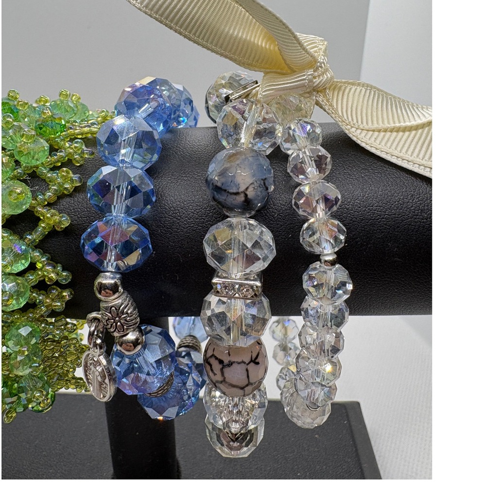 Lot of 5 Beaded Stretch Bracelets Crystal Glass Stone Cross Charm Multi Color - Picture 3 of 9